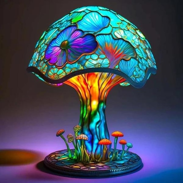 Mushroom Table Lamp, Hight Stained Glass Plant Series Night Light, Bohemian Resin Mushroom Decorative Bedside Lamp for Bedroom Living Room Home Office Decor Gift