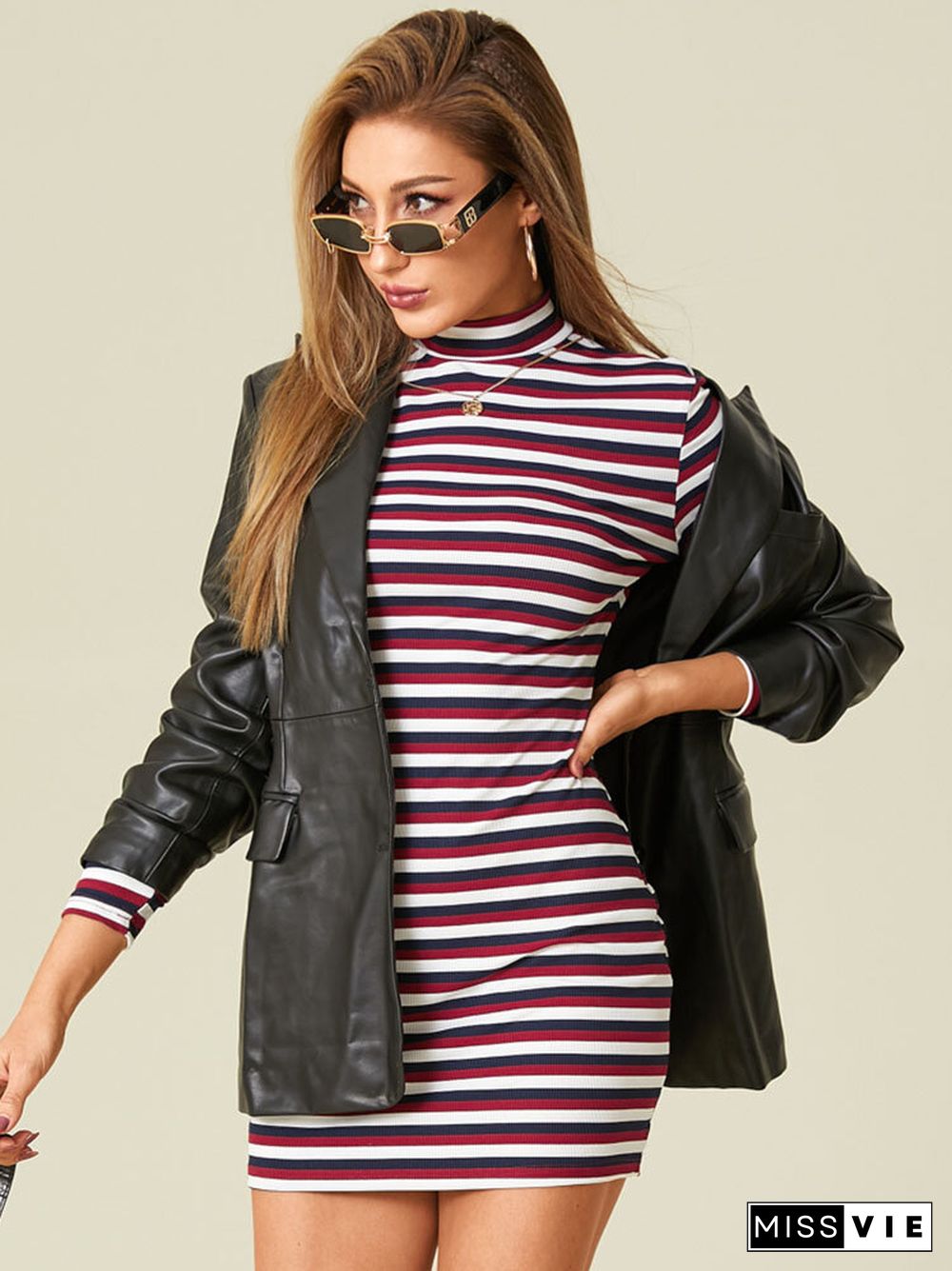 Stripe Print Mock Neck Long Sleeve Dress for Women