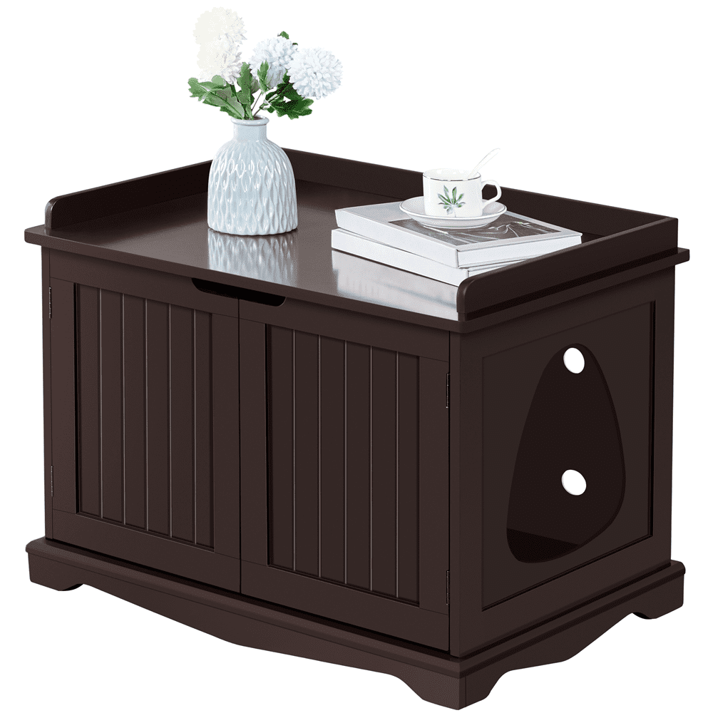 Easyfashion Wooden Cat Litter Box Furniture with Door， Espresso