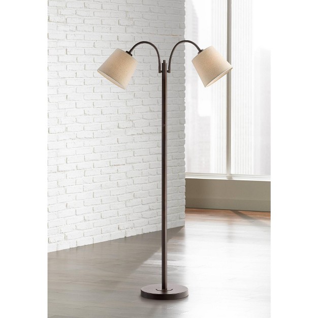 Tall Dark Bronze Twin Arm Adjustable Gooseneck Neutral Cotton Drum Shade For Living Room Reading Bedroom