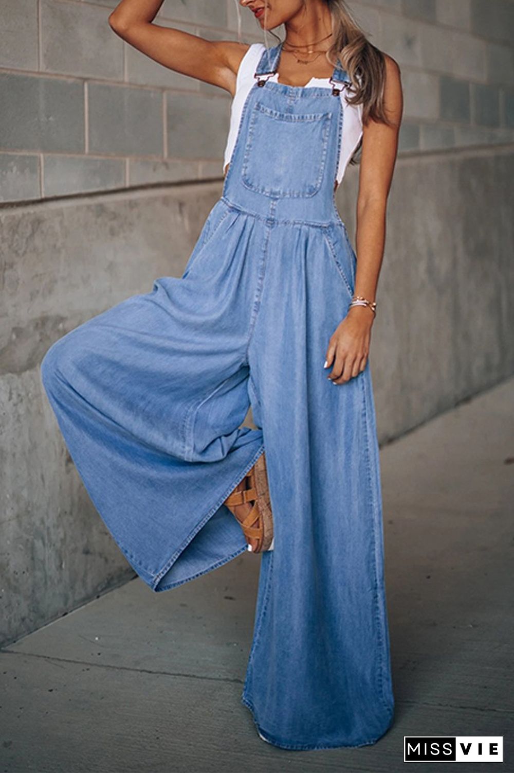 Denim Wide Leg Suspenders Jumpsuit