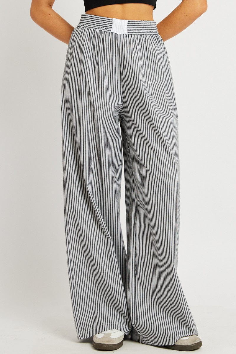 Grey Stripe Wide Leg Pants High Rise