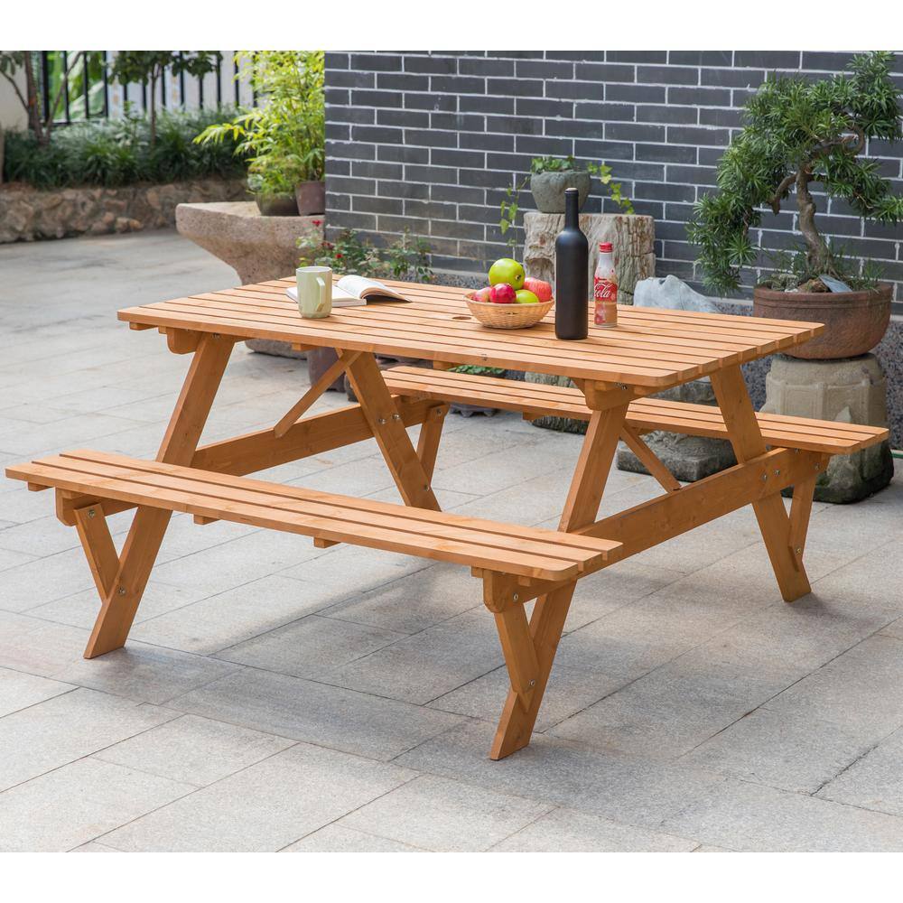 GARDENISED Outdoor Wooden Patio Deck Garden 6-Person Picnic Table for Backyard Garden Stained QI004434.ST