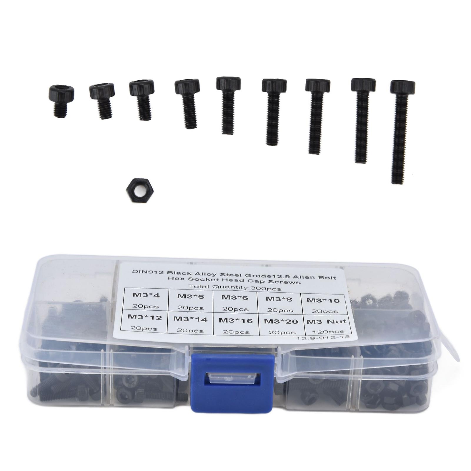 300 Pack M3 Hex Socket  Screws Alloy Steel Hex Head Screw Nut High Strength Metal Parts Assortment