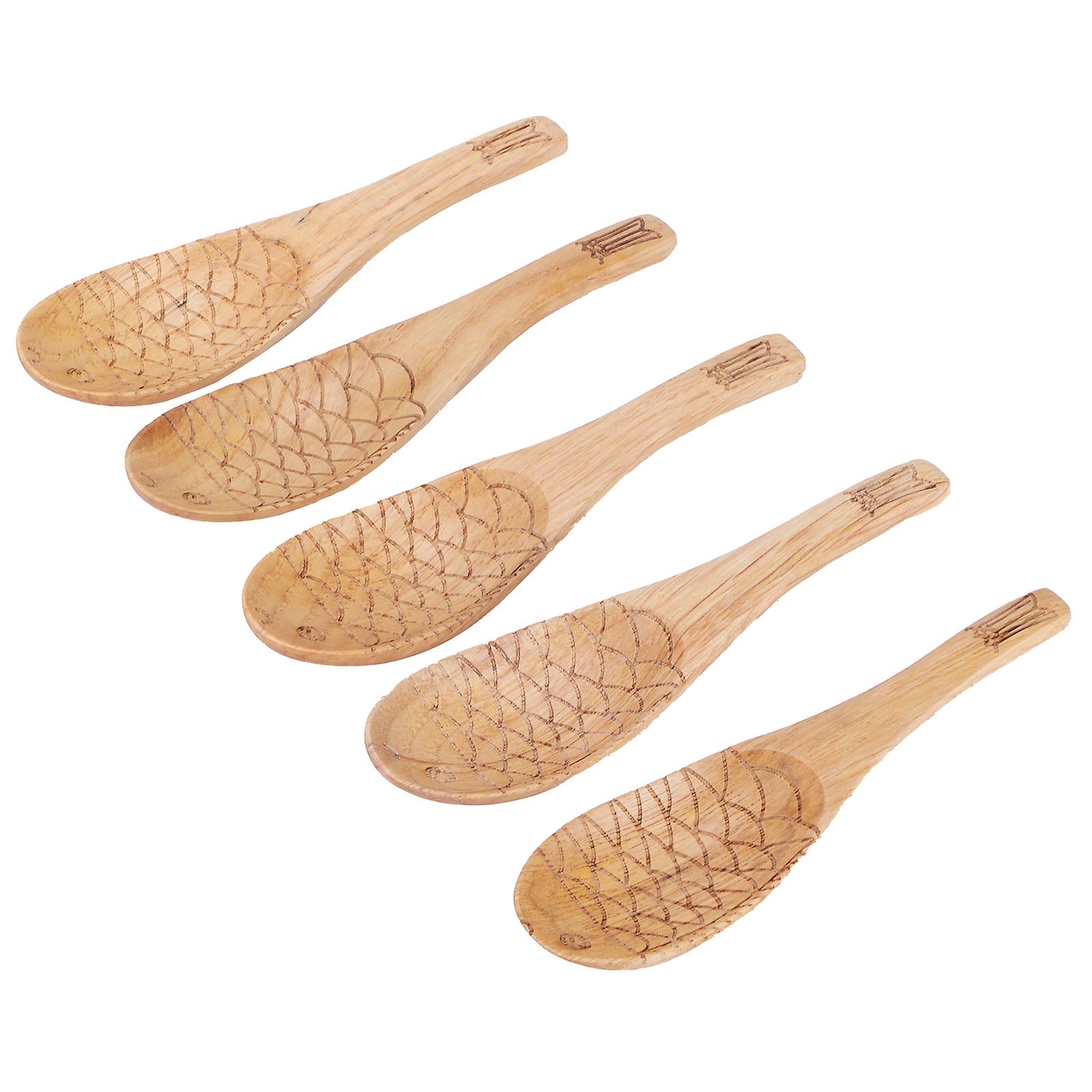 5pcs Wood Rice Spoon Innovative Fishshaped Carving Soup Ladle Tableware Kitchen Utensil