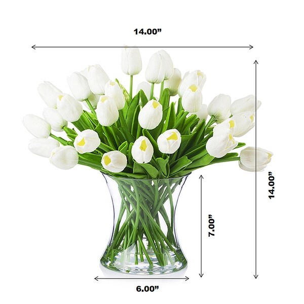 Enova Home Large Artificial Real Touch White Tulip Fake Silk Flowers Arrangement in Clear Glass Vase for Home Wedding Decoration