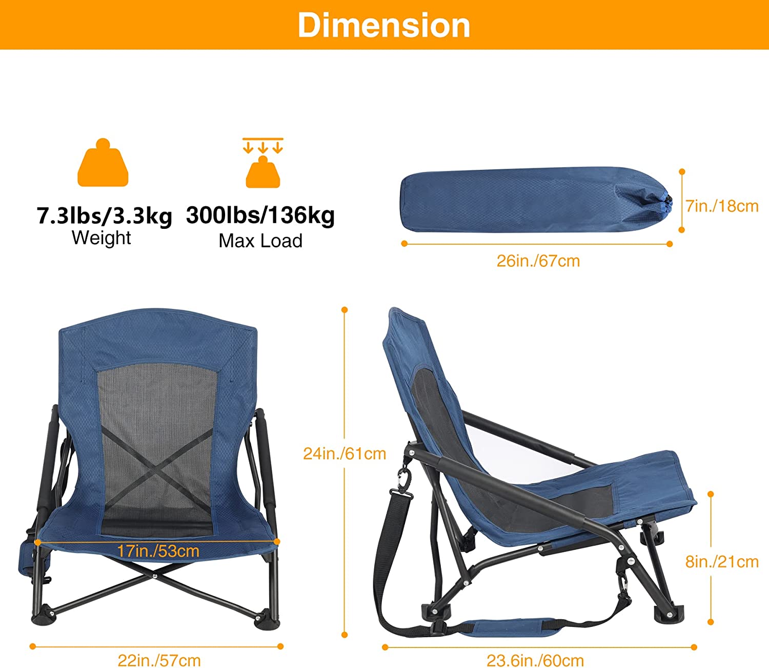 REDCAMP Low Beach Chairs， Portable Concert Chairs for Adults， Heavy Duty Compact Beach Chairs with Carry Bag， Small Folding Beach Chairs for Outdoor Travel Camping， 2 Pack of Navy