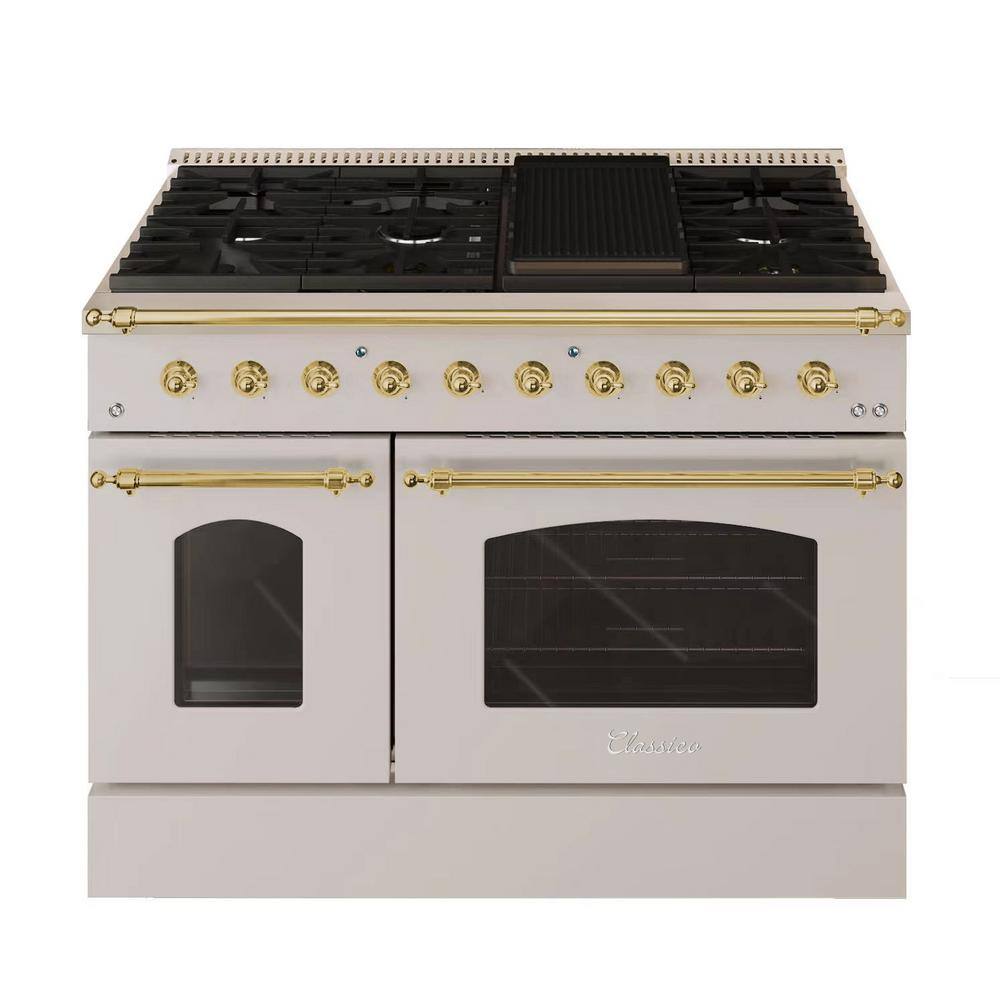 Hallman CLASSICO 48 in. TTL 6.7 Cu. ft. 8 Freestanding All Gas Range LP Gas Stove and Gas Oven Stainless steel Brass Trim HCLRDF48BSSS-LP