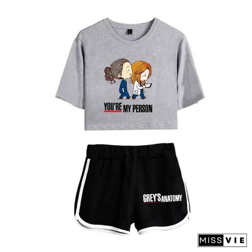 Women Grey's Anatomy Women Short T-shirt Shorts Suit Summer Sport Wear Casual Cotton Yoga Lady Crop Top and Shorts