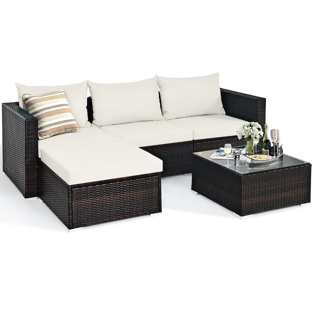 Costway 5pcs Patio Rattan Furniture Set Sectional Conversation Sofa Off White