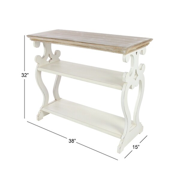 White or Black Wood Scroll Side Frames 2 Shelves Console Table with Brown Wood Top 38