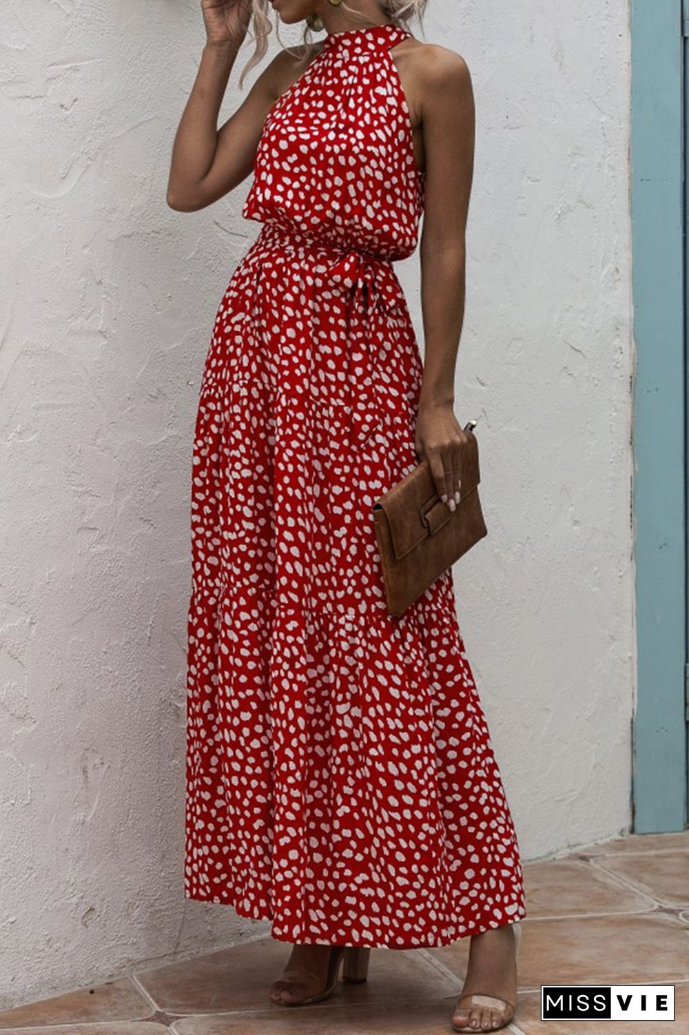 Halter Polka Dot Print Tie Waist Maxi Dress Wholesale