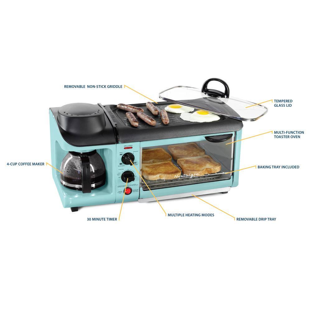 Nostalgia Retro 3in1 Aqua Electric Breakfast StationWith Non Stick Die Cast GrillGriddle4 Slice Toaster Oven and Coffee Maker