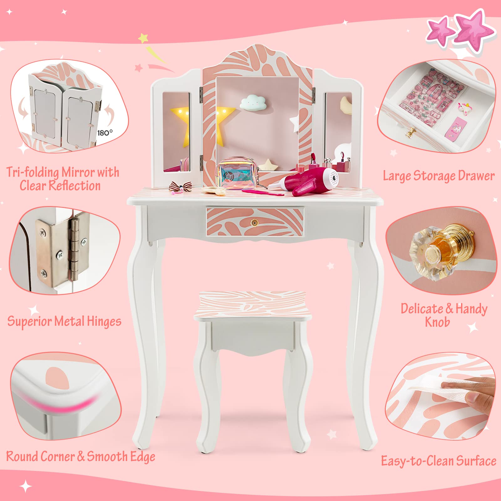 Costzon Kids Vanity Table and Chair Set, Girls Vanity Set with Mirror and Stool, Pretend Play Vanity Set for Little Girls