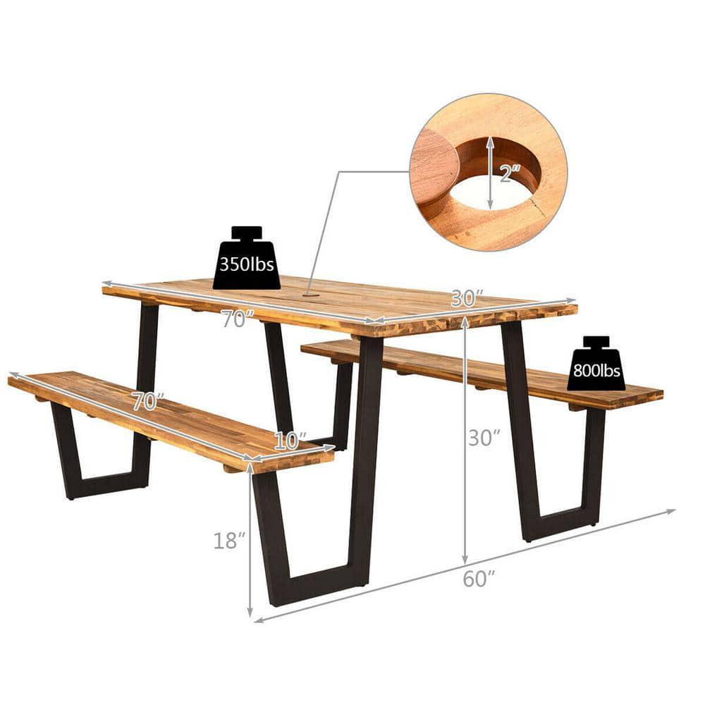 ANGELES HOME 70 in L Wood Frame Outdoor Bench Set Picnic Table with Umbrella Hole