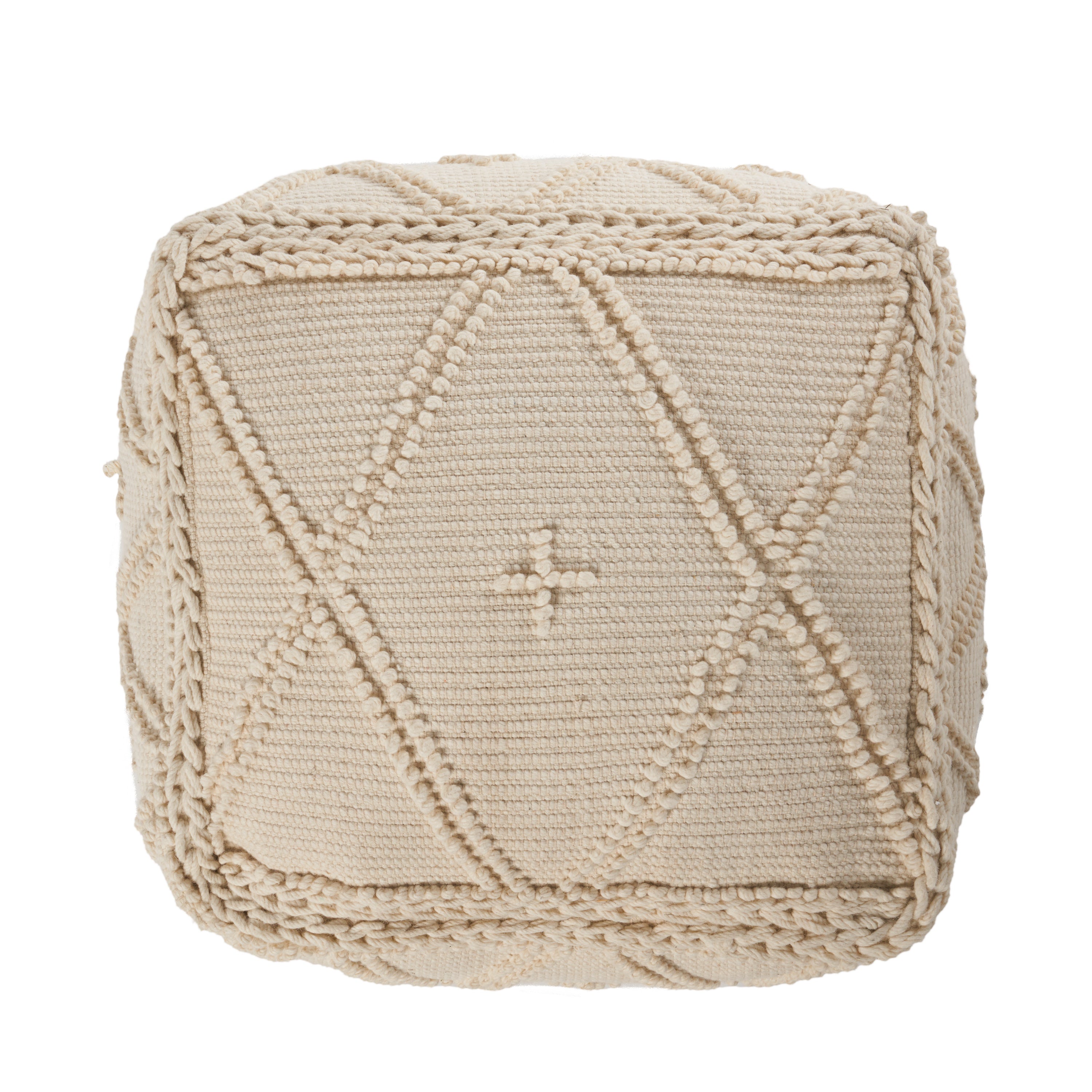 Nina Large Square Casual Pouf, Boho, White Wool and Cotton