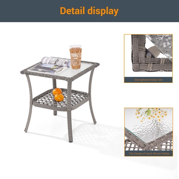 LIVOOSUN Patio Water Rippled Glass Side Table Rattan Coffee Table