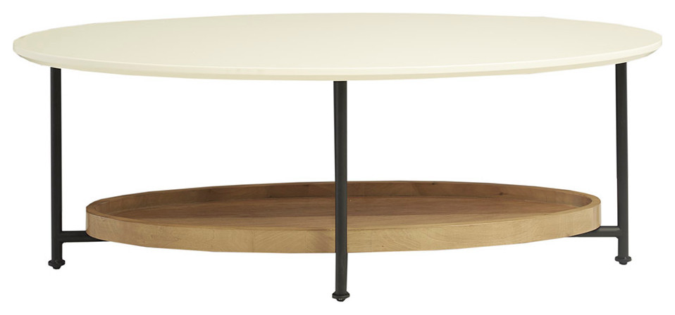 Madison Park Beaumont White Oval Coffee Table With Wood Base Shelf   Industrial   Coffee Tables   by Olliix  Houzz