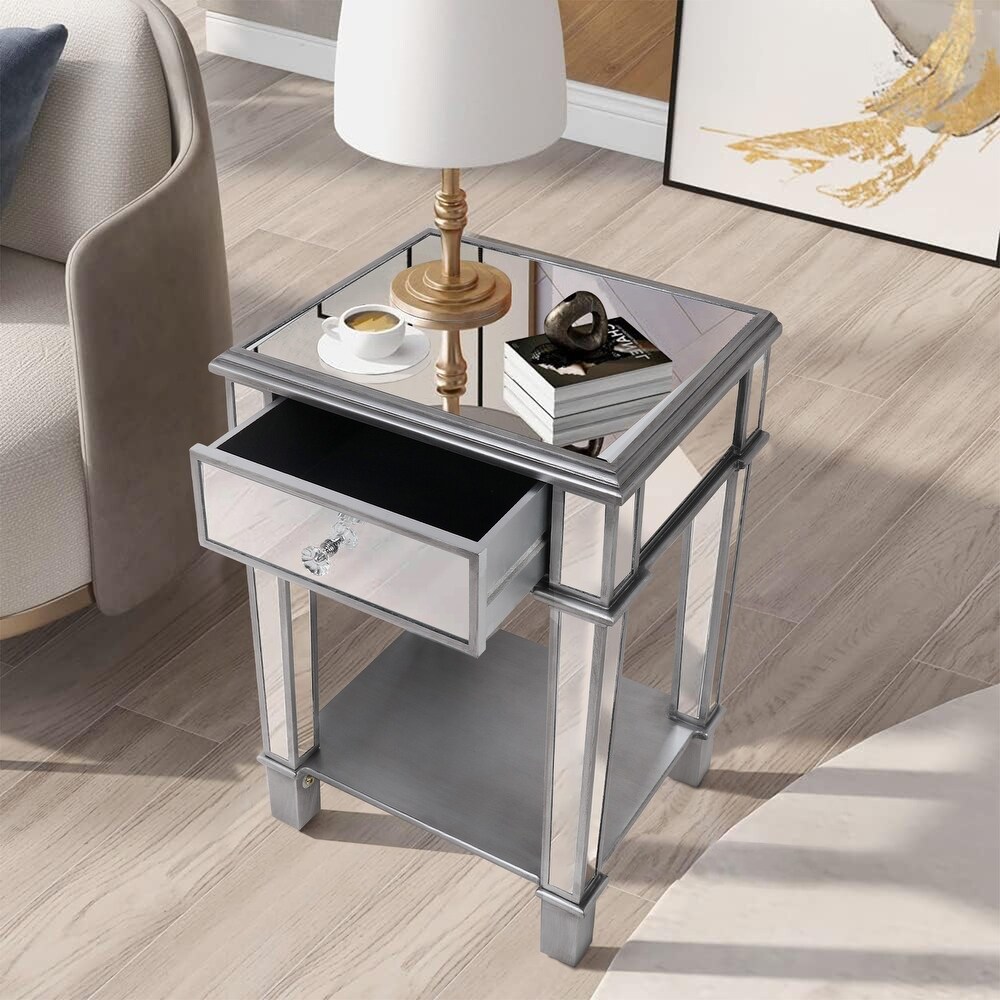 Mirrored Nightstand Drawer Glass Side End Table Silver Dresser Bedroom