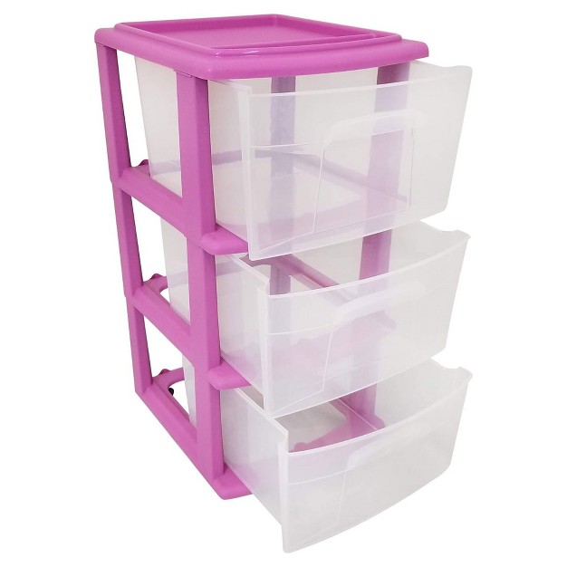 Homz Clear Plastic 3 Drawer Medium Home Organization Storage Container Tower With 3 Large Drawers And Removeable Caster Wheels Purple Frame 2 Pack