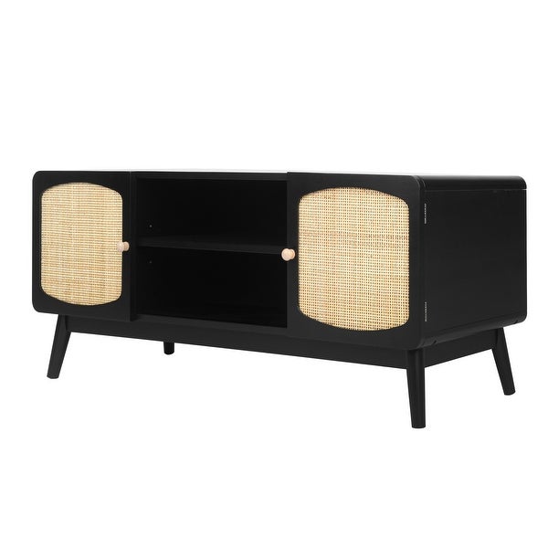 JASIWAY Modern TV Stand with Rattan Door， Black