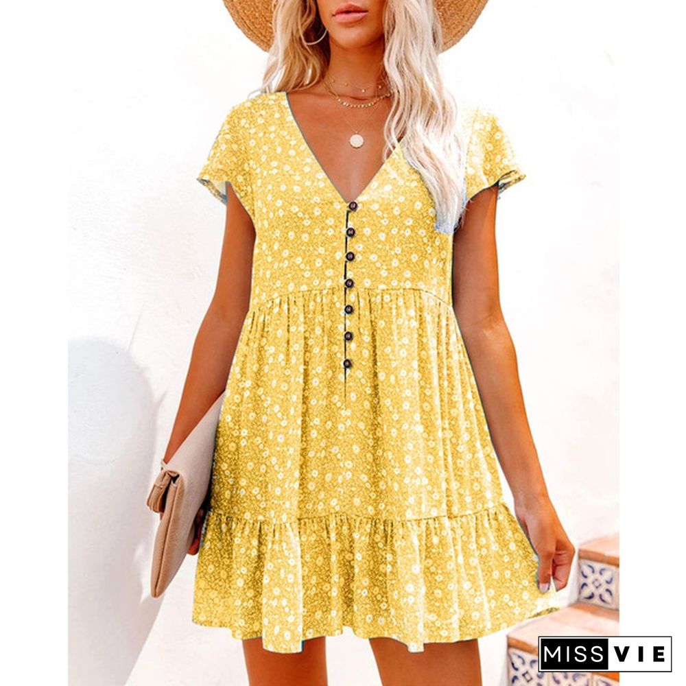 XS-8XL Spring Summer Dresses Plus Size Fashion Clothes Women's Casual Short Sleeve Dress Ladies Button Up Floral Flower Printed Dress Patchwork Loose Mini Pleated Dress Beach Wear Short Party Dress