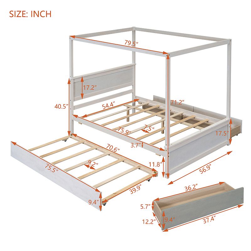 Merax Canopy Platform Bed with Trundle Bed， Wood Canopy Bed