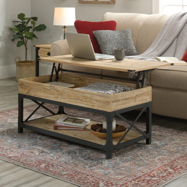 Sauder Steel River Lift Top Coffee Table with Shelf and Storage， Milled Mesquite Finish