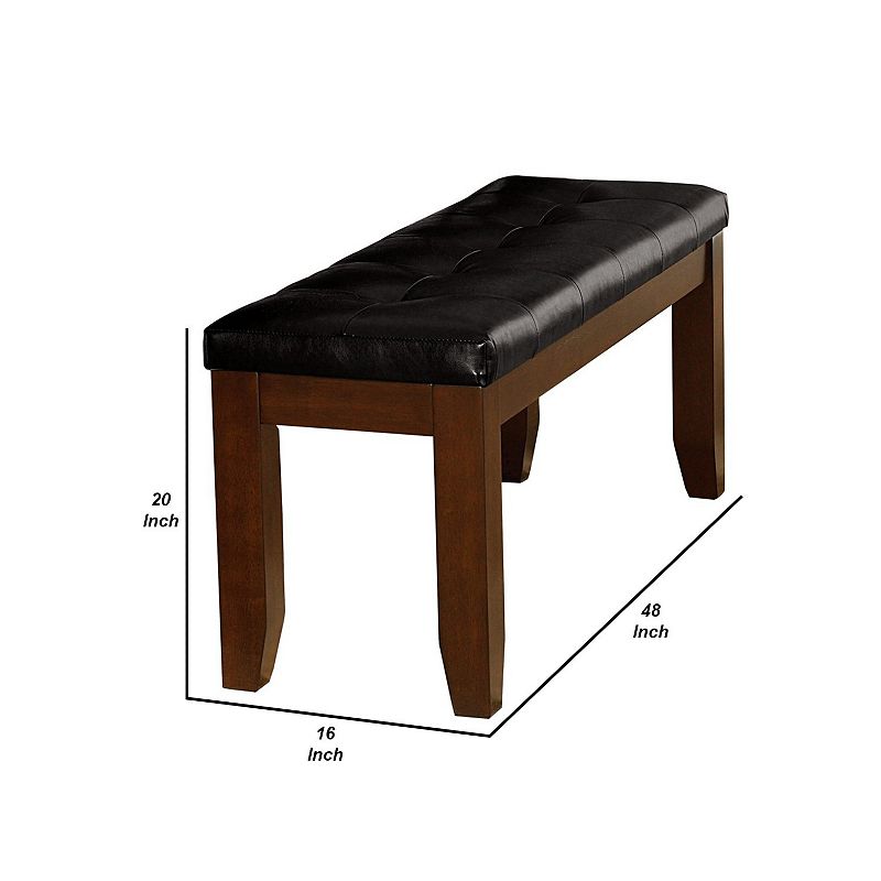 Wood and Bi Cast Vinyl 48 Bench With Tufted Seat， Dark Brown