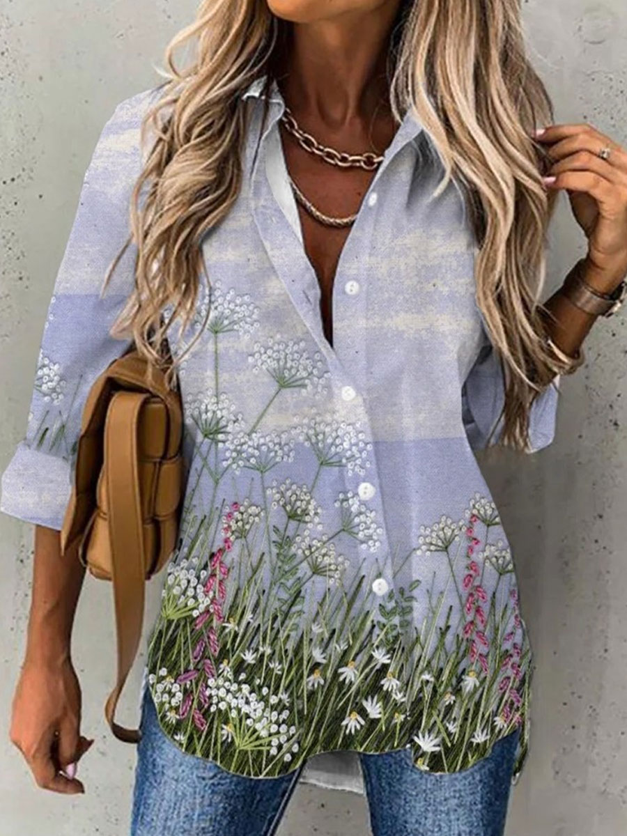 Casual Loose Dandelion Print Long Sleeve Blouse