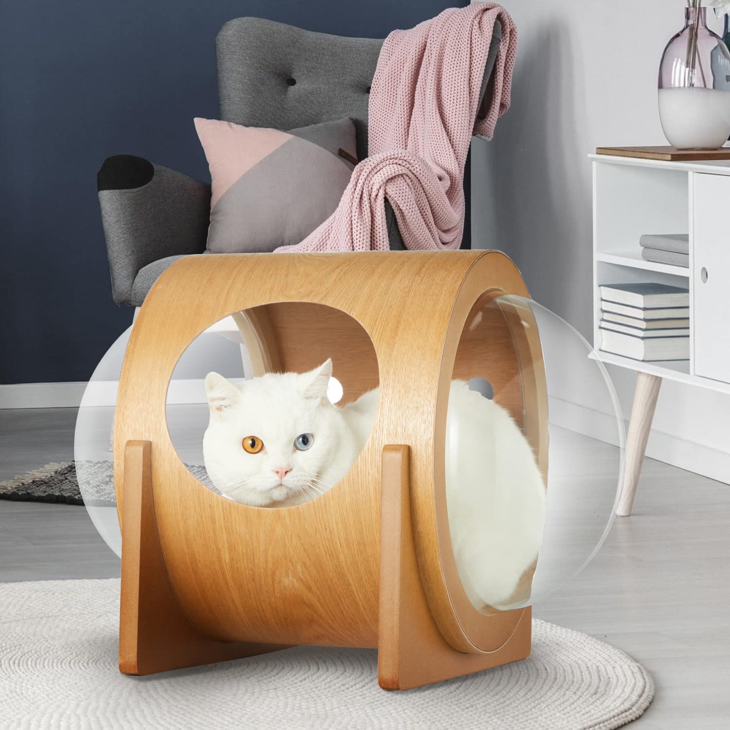 Yoleny Wooden Cat Bed Capsule Spaceship Gamma Cat Bed with Acrylic Dome，  Indoor Cat House with Large Transparent Capsule for Mammals