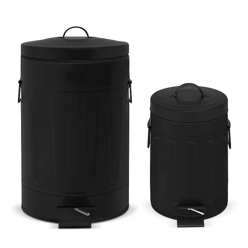 3.2 Gal./12 Liter and 0.8 Gal./3 Liter Old Time Style Round Black Color Metal Step-on Trash Can Set