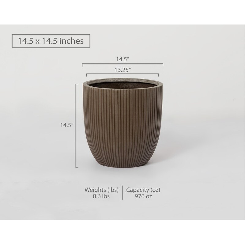 Indoor/Outdoor Large Nordic Minimalist Fiberstone Lightweight Round Planter Pot With Grooves   14  13  11 inch Matte Finish