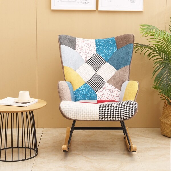 Fabric Rocker Chair with Wood Legs and Patchwork Linen