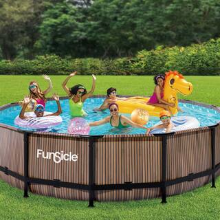 Funsicle 14 ft. Round 42 in. Deep Metal Frame Above Ground Pool Natural Teak P4E01442B