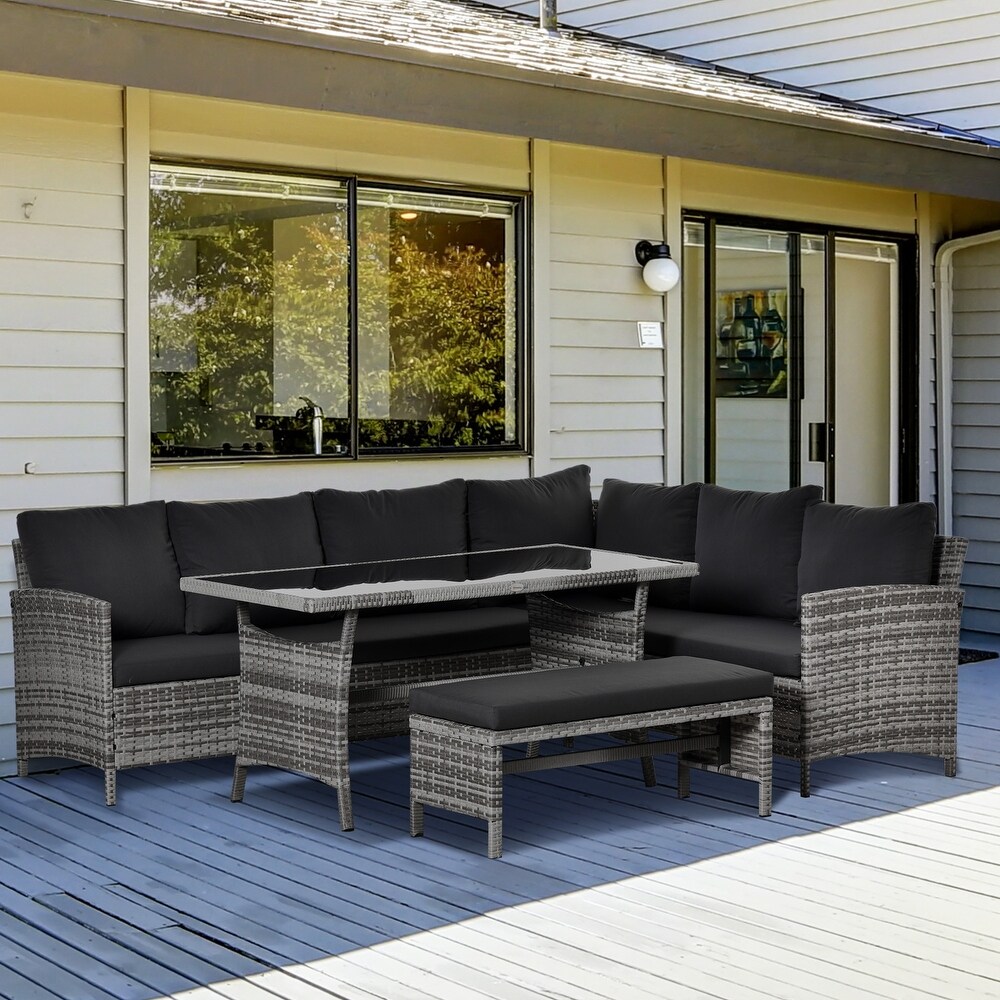 Outsunny 4 Piece Modern Outdoor Rattan Wicker Furniture Set with Dining Table Bench   Sofa for Patio   Backyard Grey