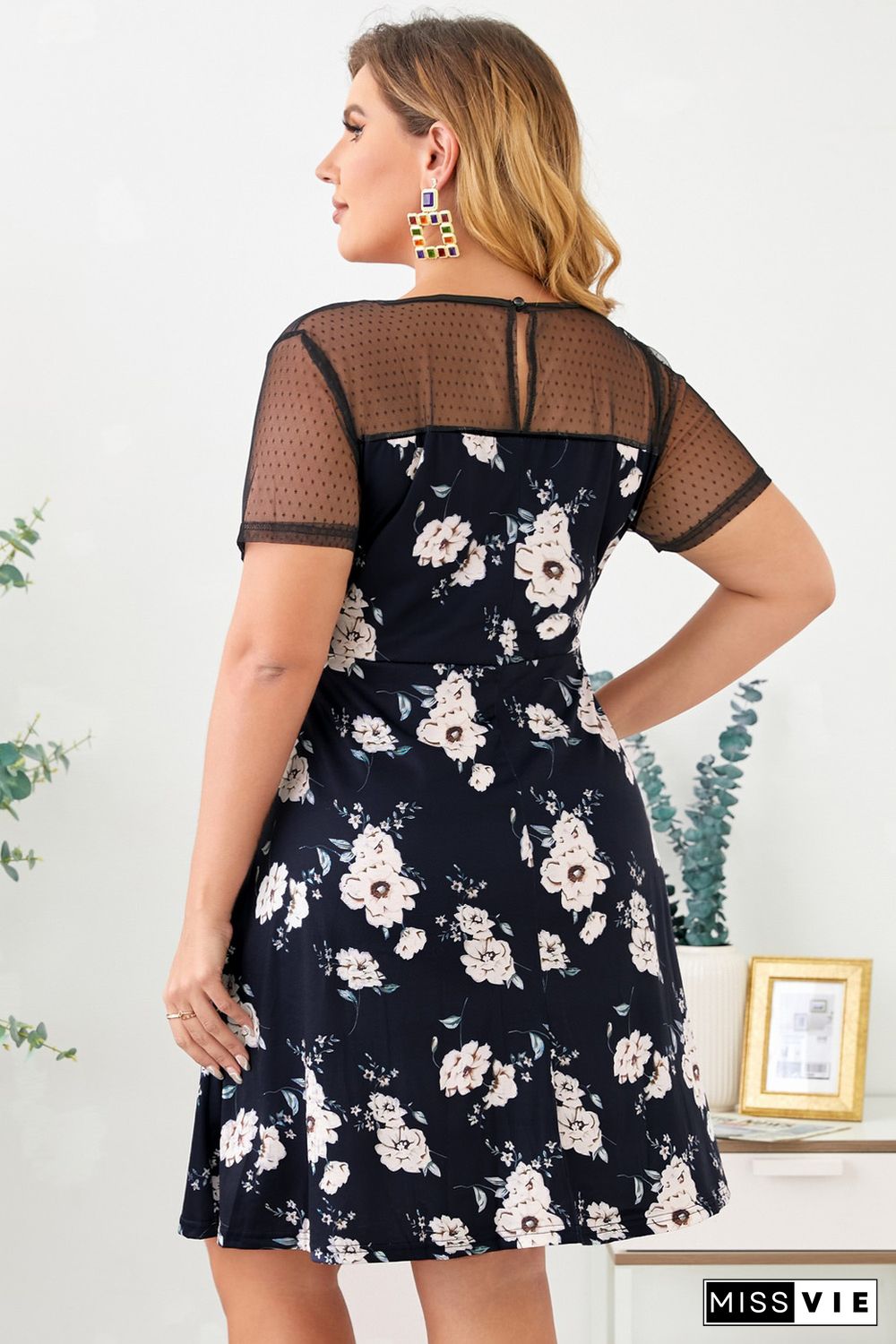 Plus size Floral Print Polka Dots Mesh Patch Mini Dress