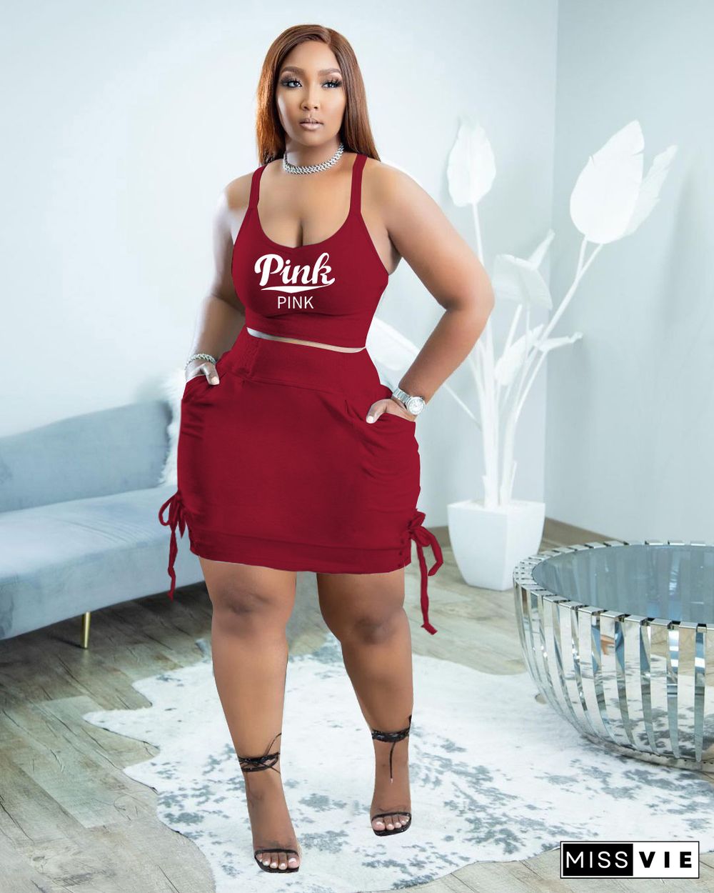 Plus Size Sleeveless Crop Top And Skirt Outfits