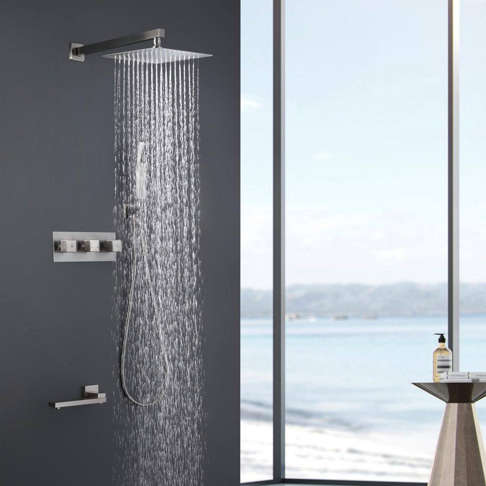 GIVING TREE 2-Spray 12 in. Square Rain Shower Head with Hand Shower and Tub Faucet in Brushed Nickel (Valve Included) HDYN-MM0034