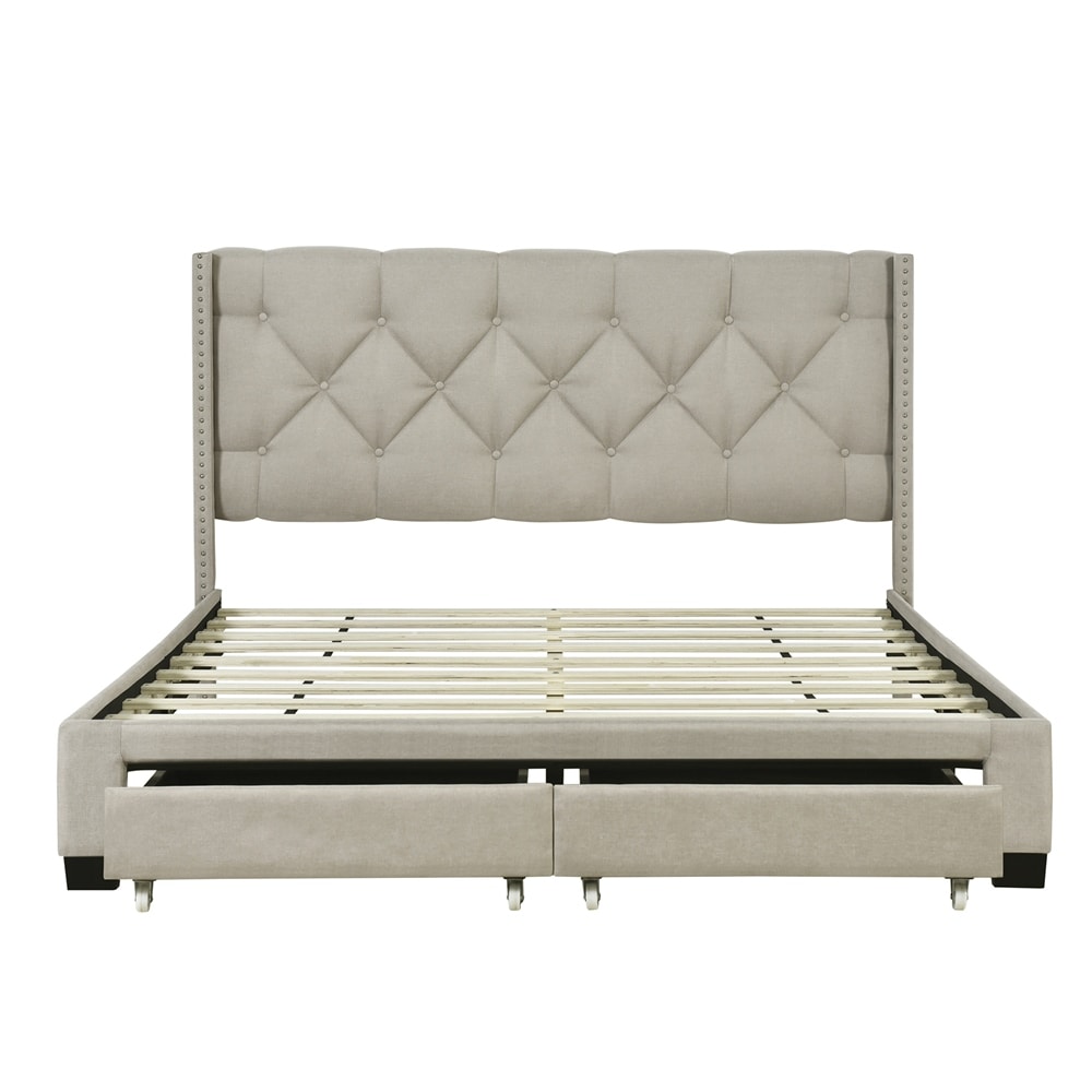 Queen Size Storage Bed Linen Upholstered Platform Bed with Two Drawers