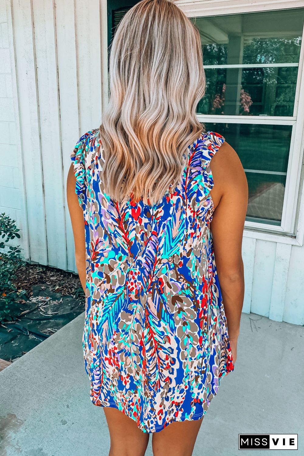 Blue Floral Print Tank Top with Ruffles