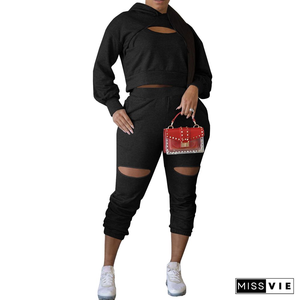 Cut Out Hoodies Sweatshirt Pencil Pants Two Piece Set