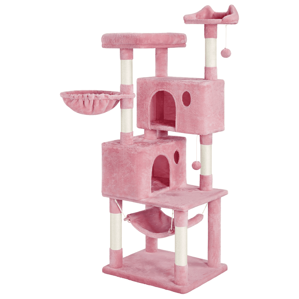 Easyfashion 64'' Multi-level Cat Tree Cat Tower with Condos and Scratching Posts， Pink