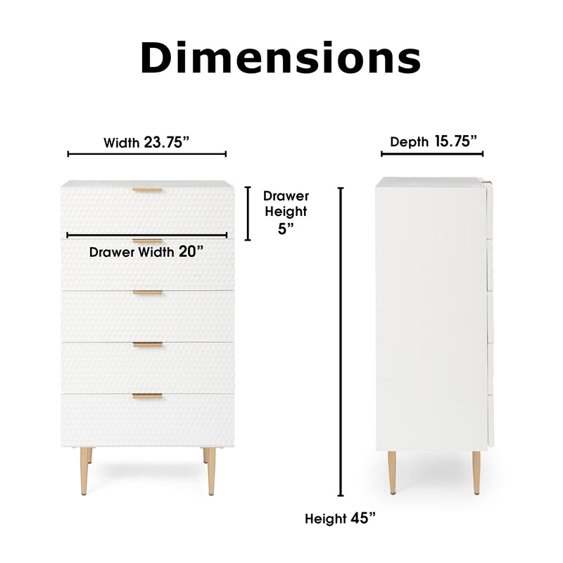 Atlin Designs Modern 5 Drawer Tallboy Dresser White