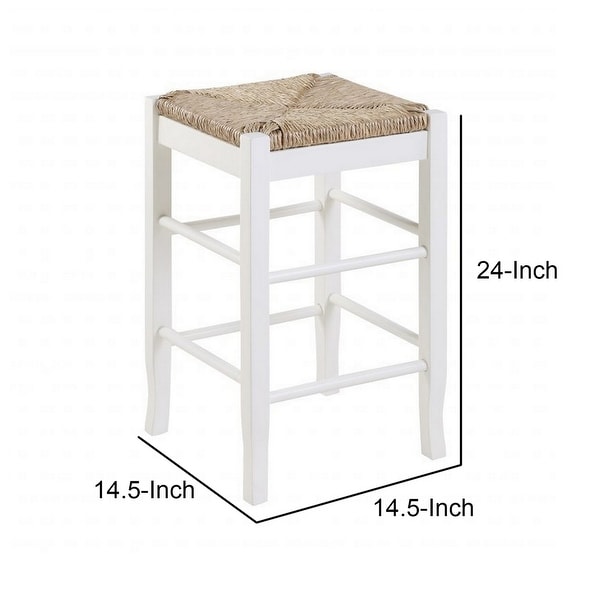 Square Wooden Frame Counter Stool with Hand Woven Rush， White and Brown