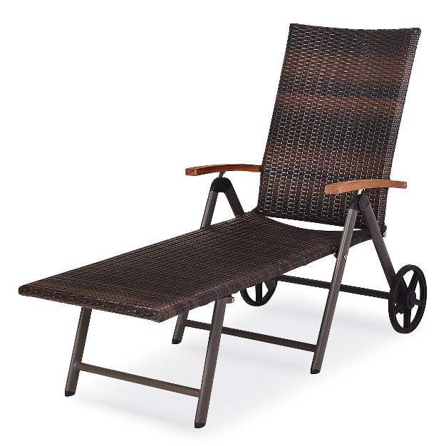 Tangkula Folding Outdoor Rattan Chaise Lounge Chair Cushioned Recliner W Wheels Beige