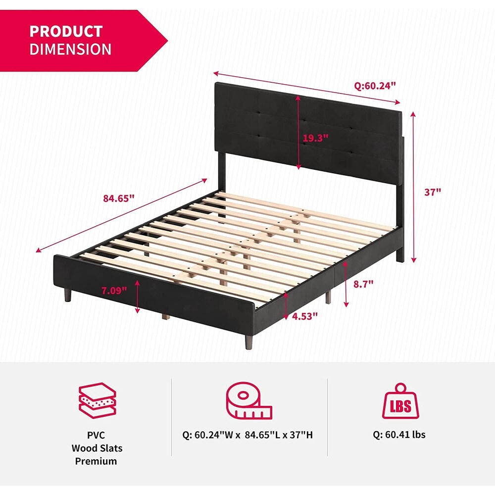 Mixoy Bed Frame with Smart RGB LED Lights Button Tufted Headboard PVC Fabric Upholstered Platform No Box Spring Needed