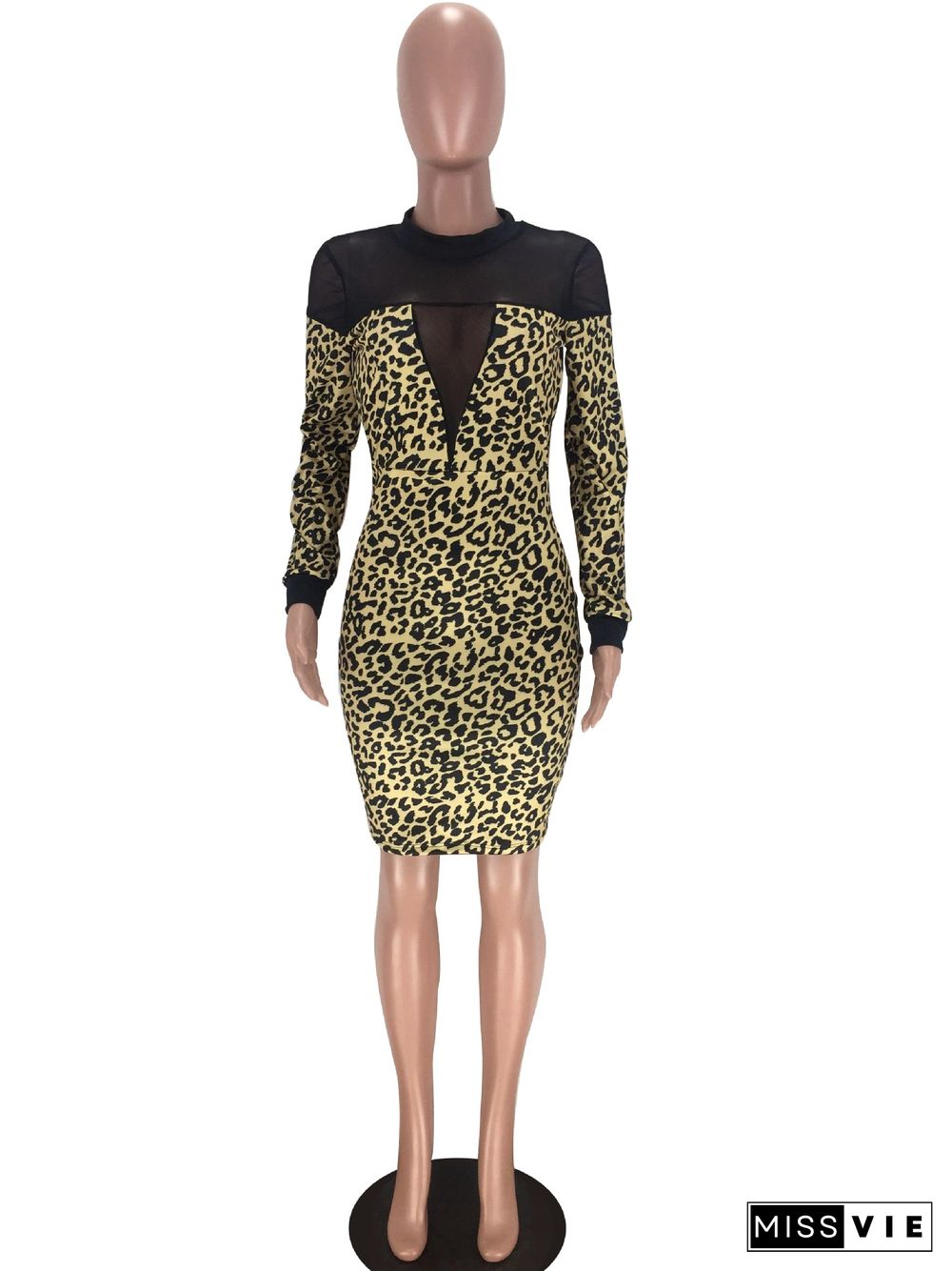 Mesh Patchwork Leopard Camouflage Bodycon Midi Dress