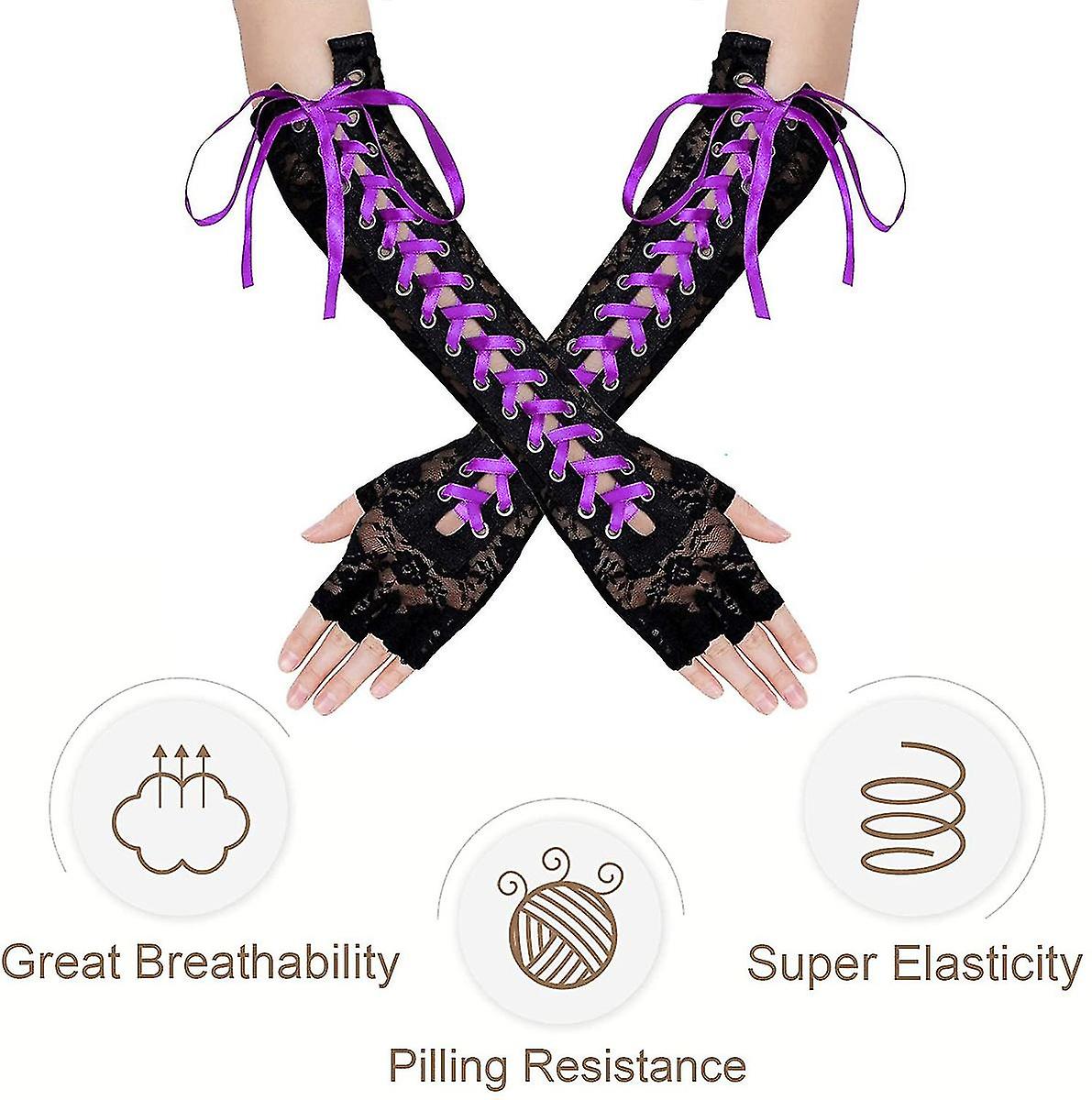 Women's Lace Costume With Open Finger Gloves， Ribbon Half Finger Etiquette Ball Gloves (black+purple)(2pcs)