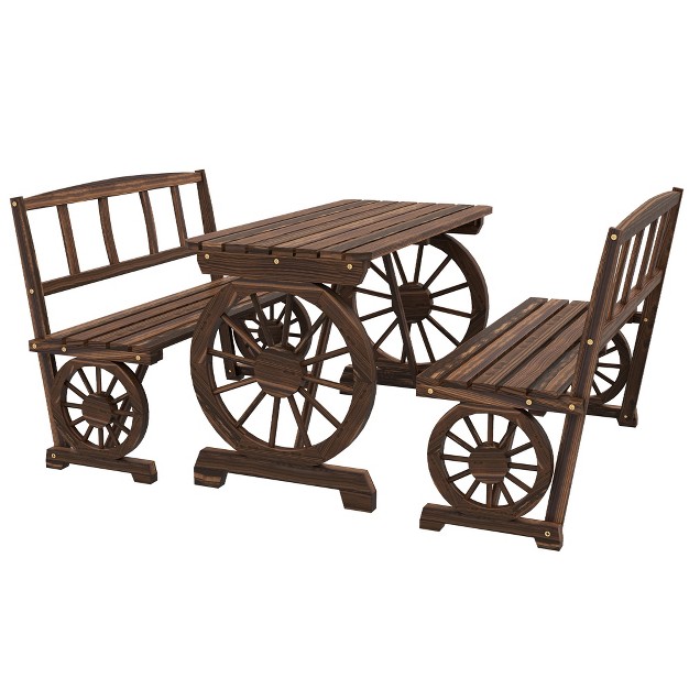 Outsunny Outdoor Table And Chairs For 4 People Wooden Furniture Set W Wagon Wheel Design For Backyard Garden Deck Carbonized